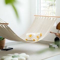 Võng Lưới Thanh Gỗ Tua Rua Boho Trang Trí Ngoài Trời Trang Trí Ngoài Biển 200x100cm