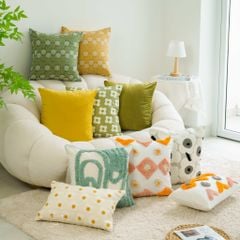 Vỏ Gối Tựa Lưng Sofa Linen Dệt Nổi Họa Tiết Hoa Vàng Xanh