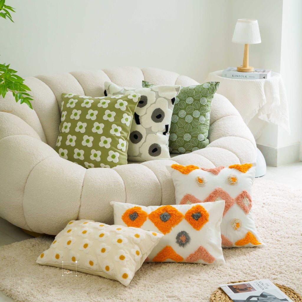 Vỏ Gối Tựa Lưng Sofa Linen Dệt Nổi Họa Tiết Hoa Vàng Xanh