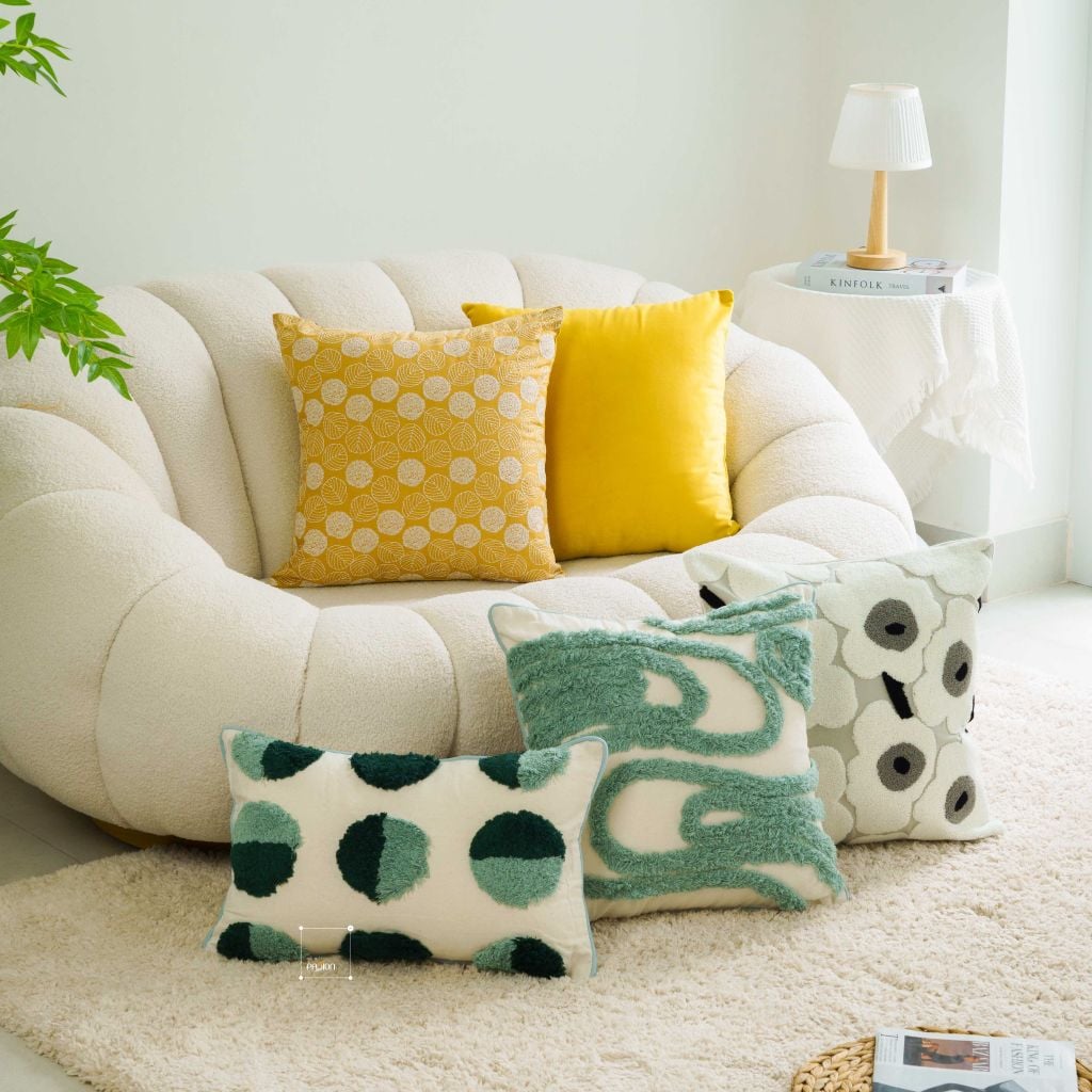 Vỏ Gối Tựa Lưng Sofa Linen Dệt Nổi Họa Tiết Hoa Vàng Xanh