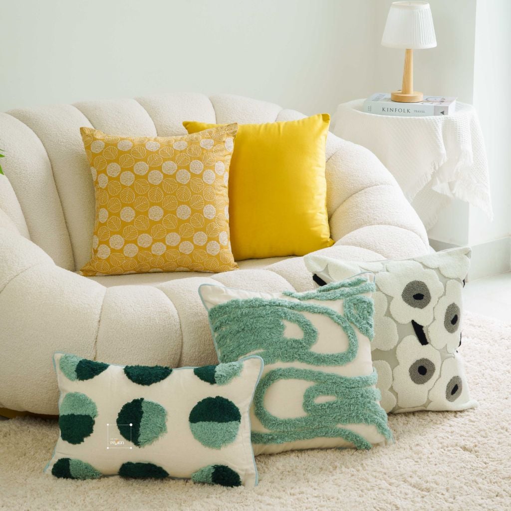 Vỏ Gối Tựa Lưng Sofa Linen Dệt Nổi Họa Tiết Hoa Vàng Xanh