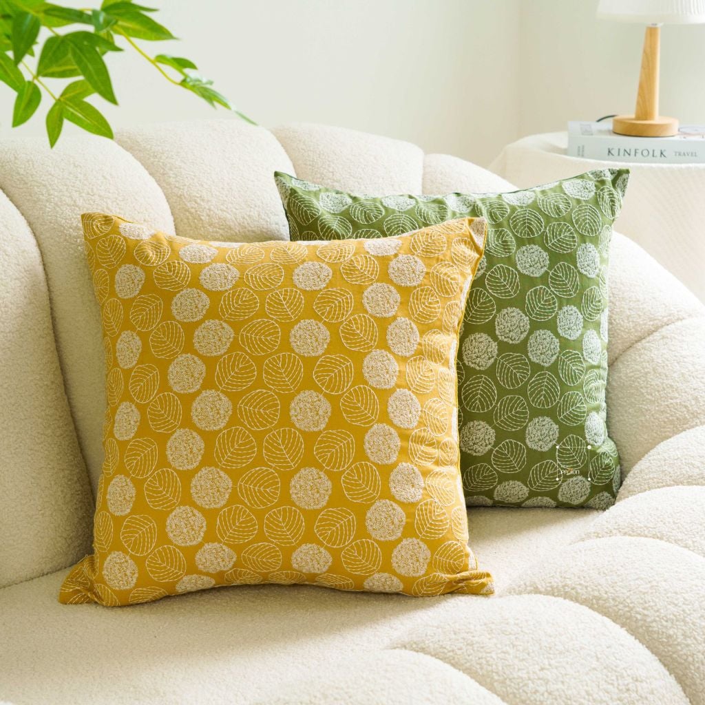 Vỏ Gối Tựa Lưng Sofa Linen Dệt Nổi Họa Tiết Hoa Vàng Xanh