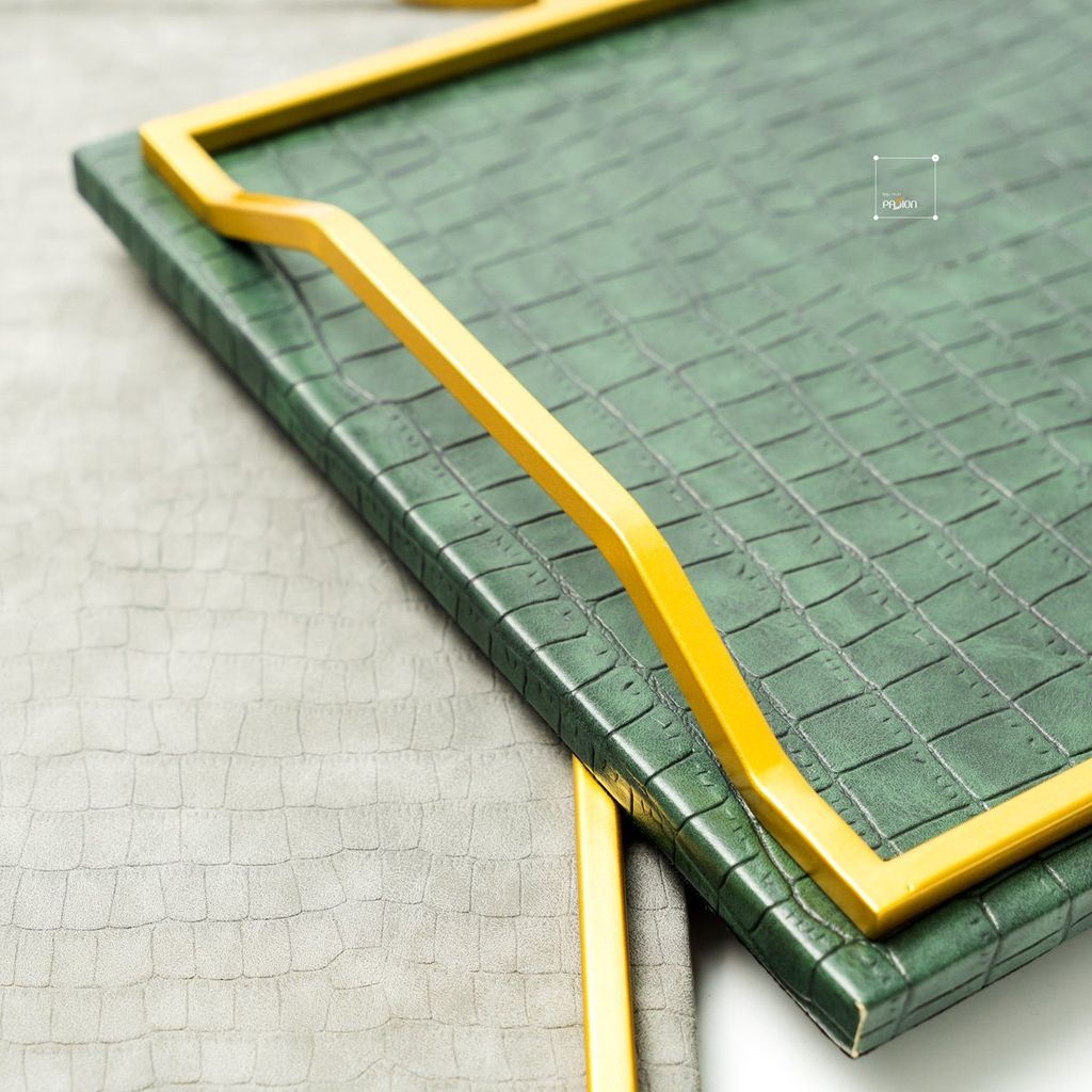Khay Decor Bện Da Chữ Nhật Phối Khung Kim Loại Sang Trọng