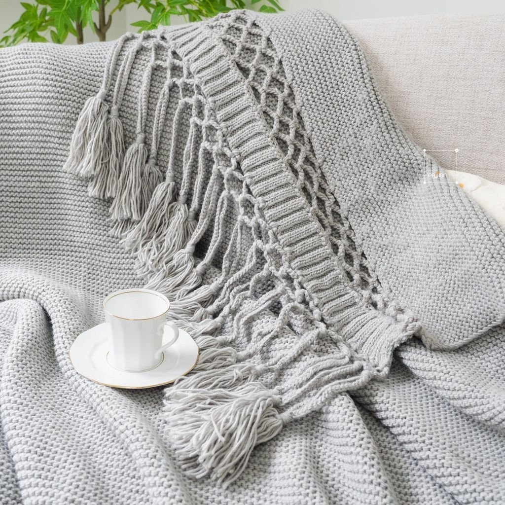 Chăn Đan Len Dệt Tua Rua Kiểu Mỹ Decor Sofa Giường Ngủ