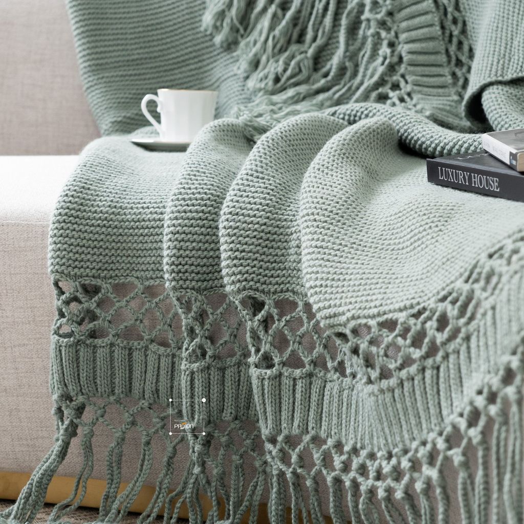 Chăn Đan Len Dệt Tua Rua Kiểu Mỹ Decor Sofa Giường Ngủ