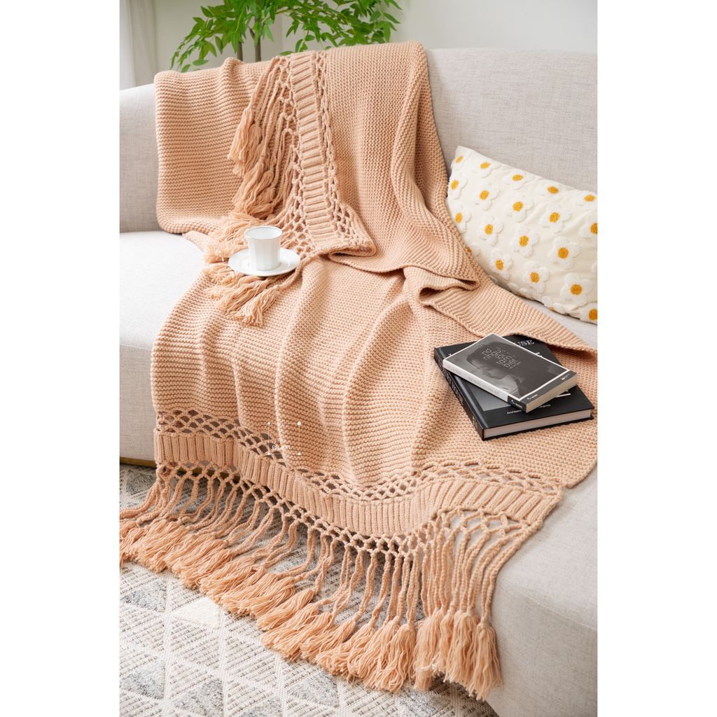 Chăn Đan Len Dệt Tua Rua Kiểu Mỹ Decor Sofa Giường Ngủ