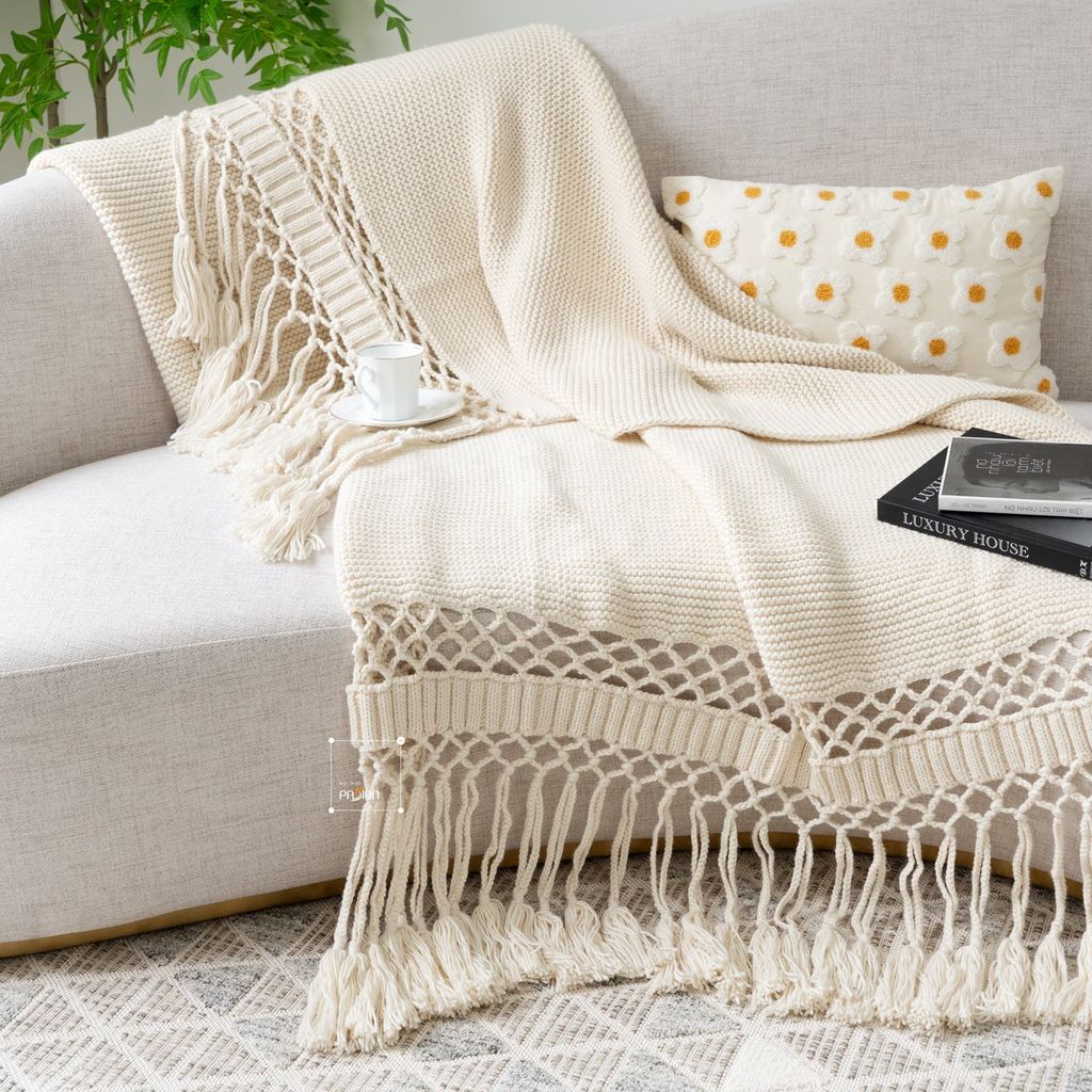 Chăn Đan Len Dệt Tua Rua Kiểu Mỹ Decor Sofa Giường Ngủ