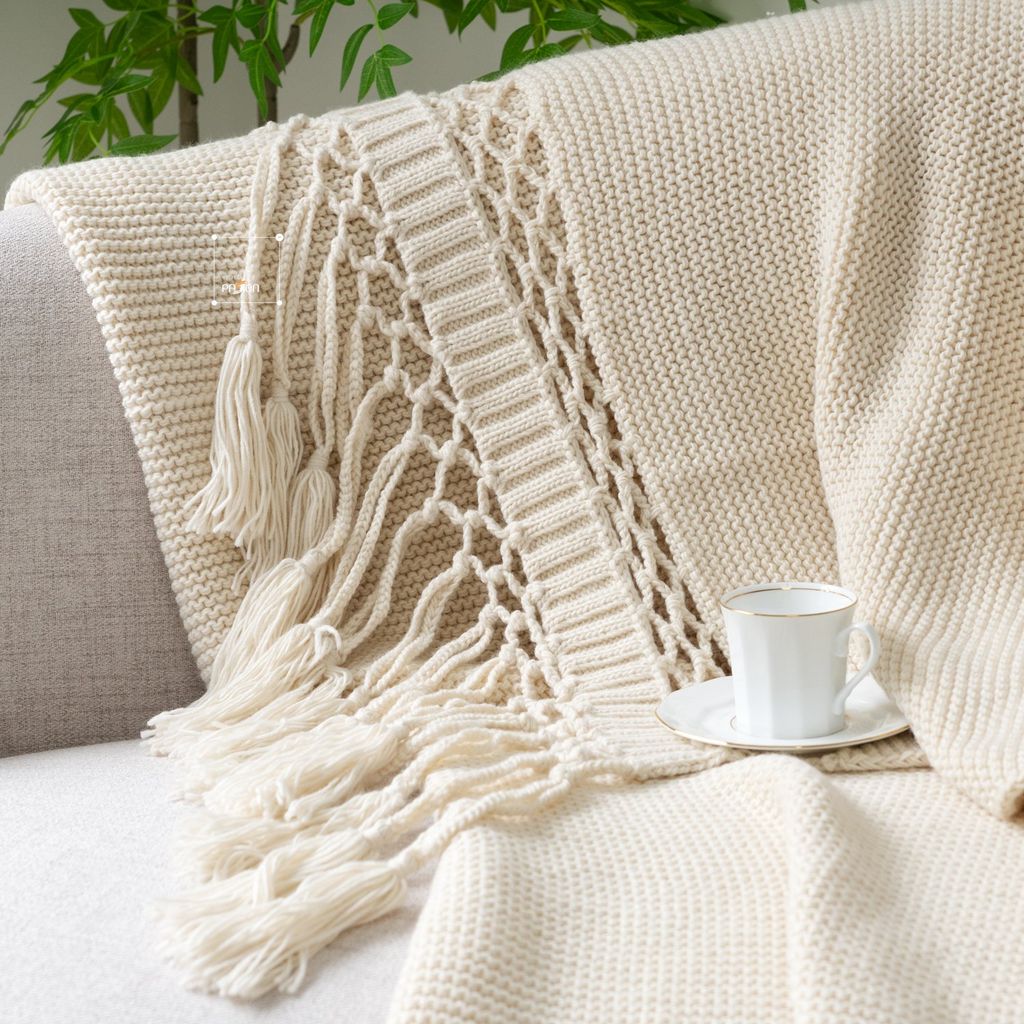 Chăn Đan Len Dệt Tua Rua Kiểu Mỹ Decor Sofa Giường Ngủ