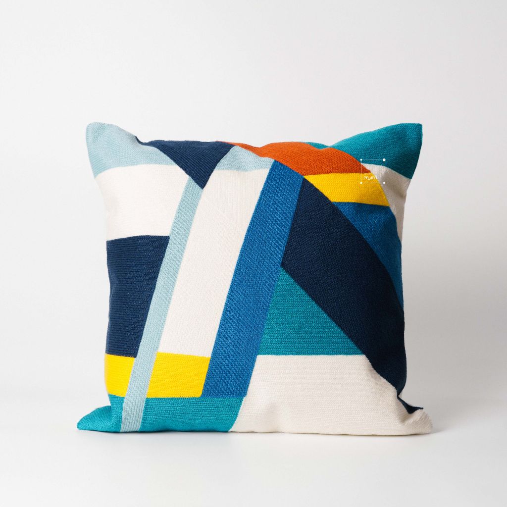 Vỏ Gối Tựa Lưng Thêu Nổi Họa Tiết Color Block Xanh Vàng