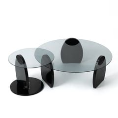 Set 2 Bàn Trà Tròn Chân Gỗ Mặt Kính Cường Lực