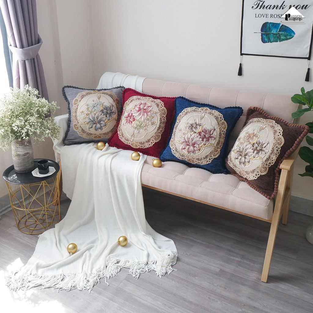 Vỏ Gối Tựa Lưng Sofa Jacquard Dập Thêu Hoa Lan Nổi