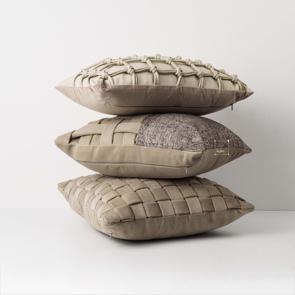 Vỏ Gối Tựa Lưng Sofa Vuông Dệt Thủ Công Cao Cấp Tua Rua Tông Nâu Nhạt