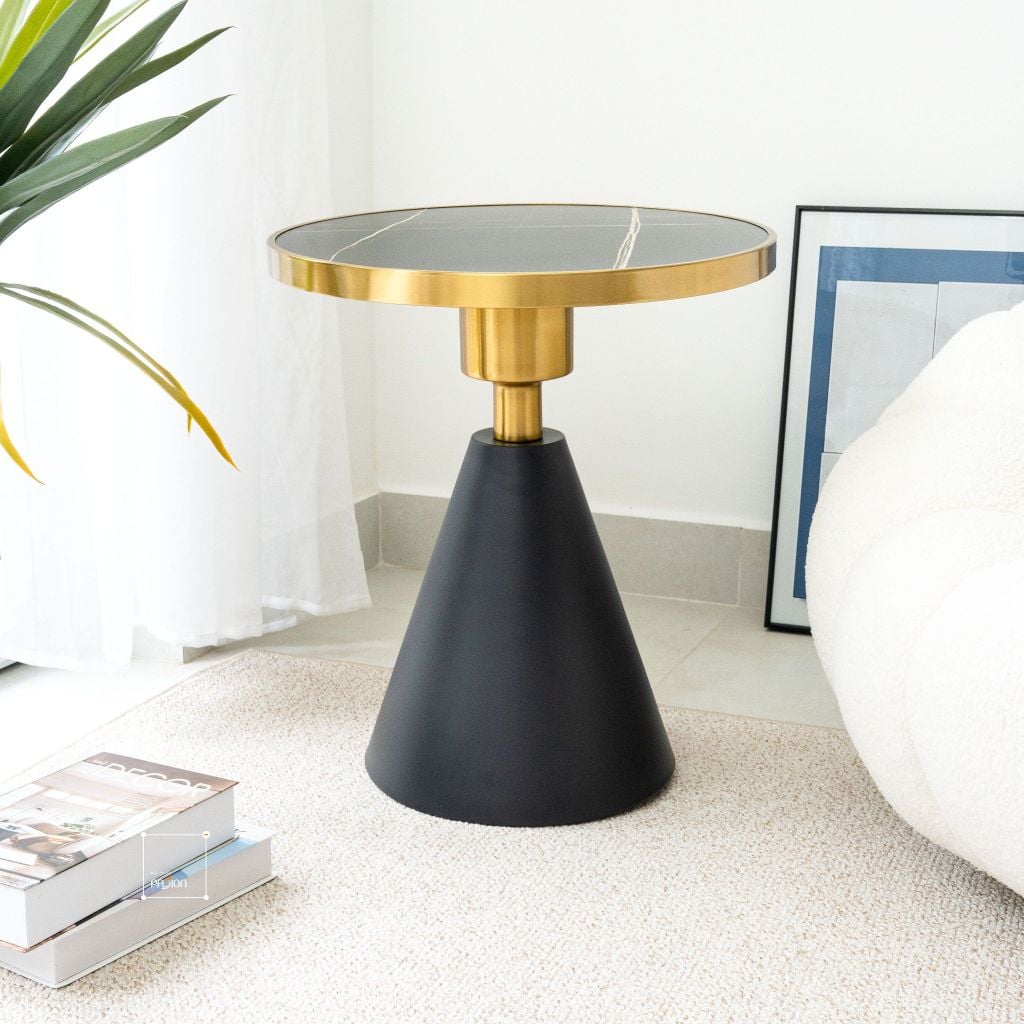 Bàn Trà Side Table Bàn Nhỏ Góc Phòng Đá Phối Kim Loại Phong Cách Ý Đá Kiểu Xòe Đen
