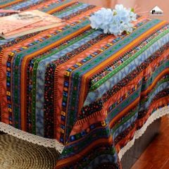 Khăn Trải Bàn Hình Học Bronzing Sọc Cotton Bố Gai Viền Ren Tua Rua