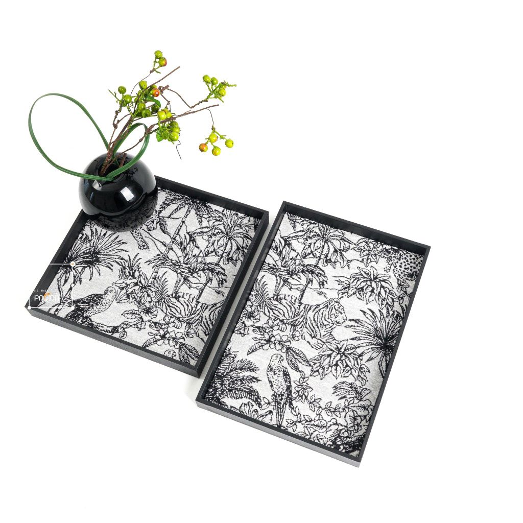 Khay Vuông Trang Trí Bằng Gỗ Phối Da Lanh Hình Hoa Monochrome