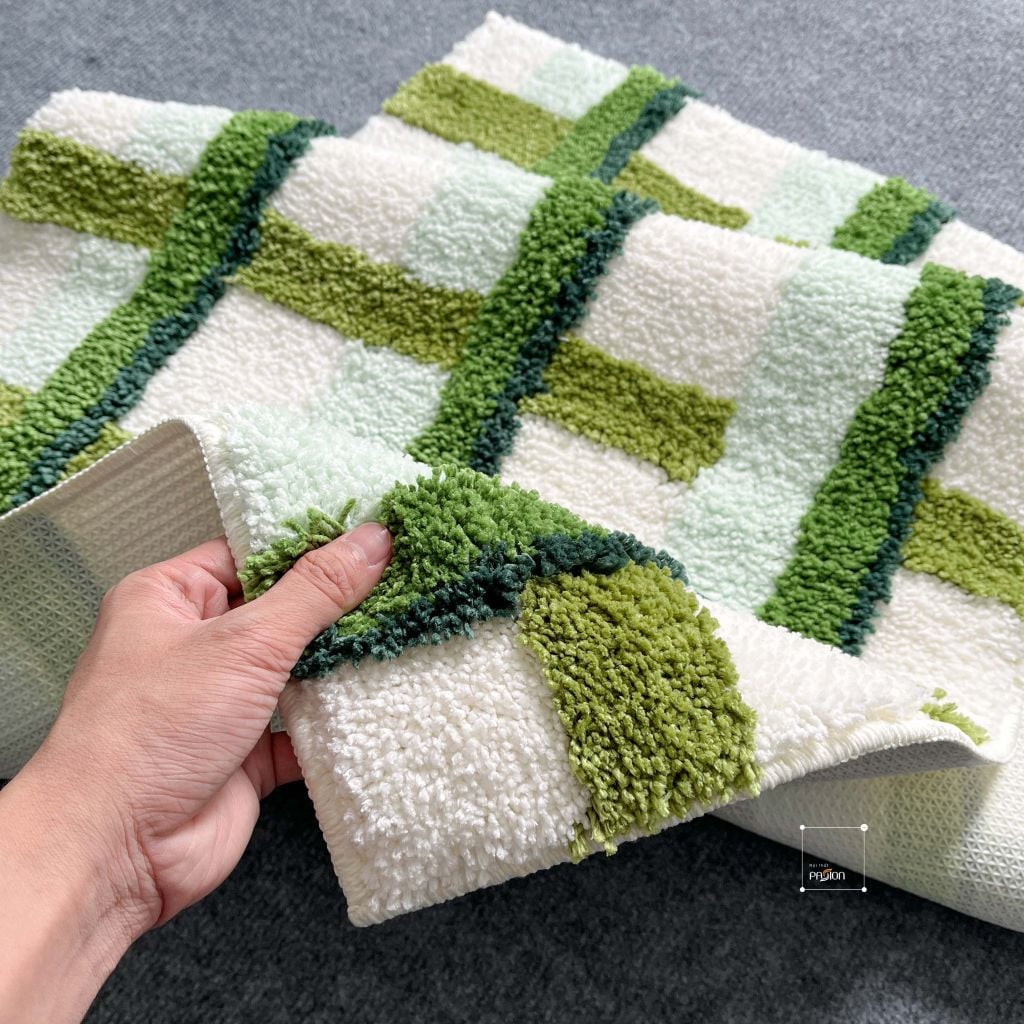 Thảm Lau Chân Dệt Lông Siêu Thấm Decor Các Vị Trí Trong Nhà Xanh Caro