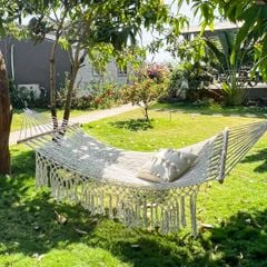 Võng Vintage Đan Lưới Dệt Hình Thoi Tua Rua