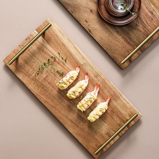 Khay Gỗ Có Tay Cầm Kim Loại Trưng Bày Bánh Và Thức Ăn Bàn Tiệc