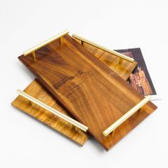 Khay Gỗ Có Tay Cầm Kim Loại Trưng Bày Bánh Và Thức Ăn Bàn Tiệc