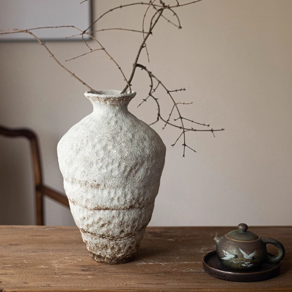 Bình Hoa Gốm Sứ Thủ Công Phong Cách Jingdezhen Wabi Sabi Trắng Xám