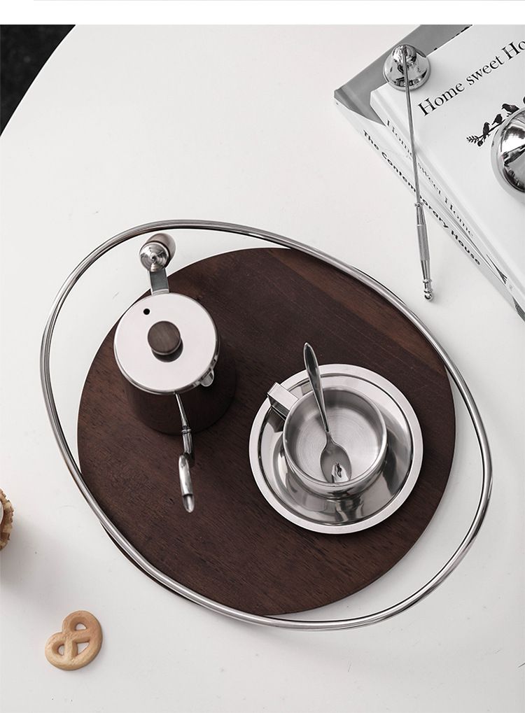 Khay Gỗ Inox Viền Vòng Cung Decor Cao Cấp