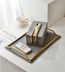 Khay Decor Bện Da Chữ Nhật Phối Khung Kim Loại Sang Trọng