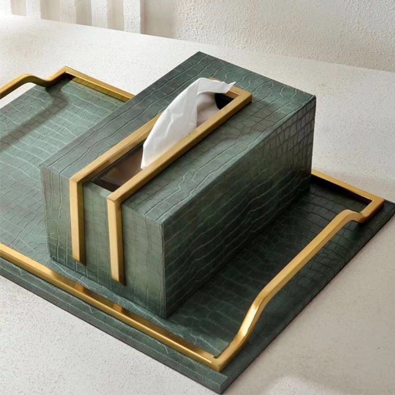 Khay Decor Bện Da Chữ Nhật Phối Khung Kim Loại Sang Trọng