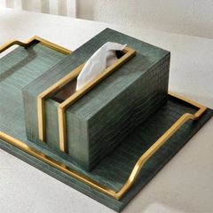 Khay Decor Bện Da Chữ Nhật Phối Khung Kim Loại Sang Trọng