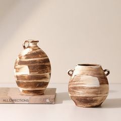 Bình Hoa Gốm Thô Phong Cách Wabi Sabi Nâu Sọc Trắng
