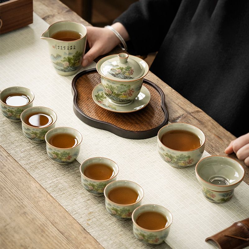 Bộ Ấm Trà Gốm Mộc Hình Phong Cảnh Kungfu Set 11 Món