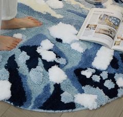 Thảm Tròn Lông Len Dệt Thủ Công Décor Hình Tròn Điểm Xanh Trắng