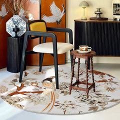 Thảm Tròn Trải Sàn Hình Họa Tiết Chim Và Hoa Nâu Phong Cách Vintage