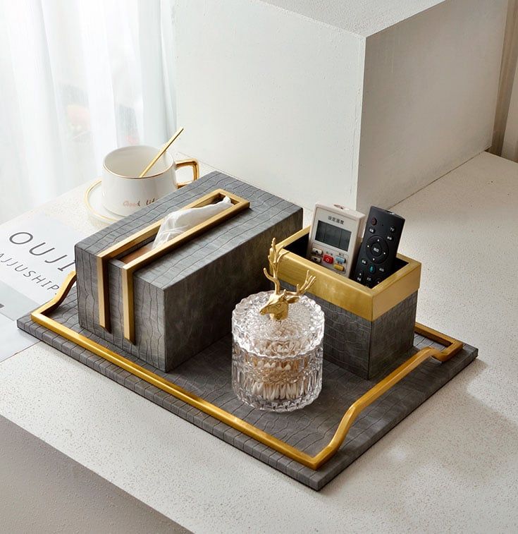 Khay Decor Bện Da Chữ Nhật Phối Khung Kim Loại Sang Trọng