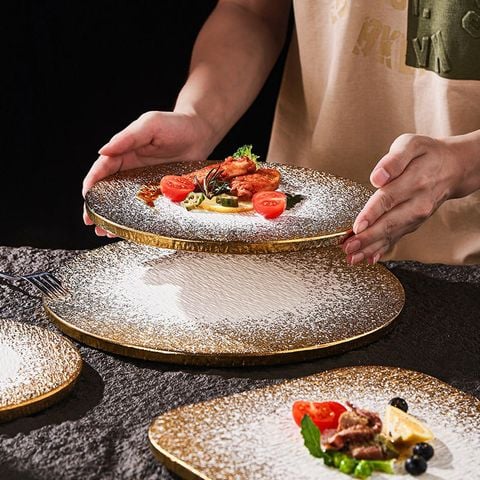 Dĩa Ăn Đá Gốm Màu Vàng Loang Hình Tròn Vuông