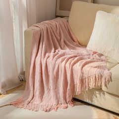 Chăn Thun Đan Len Phủ Ghế Sofa Trang Trí Giường Dệt Hình Thoi - Hồng