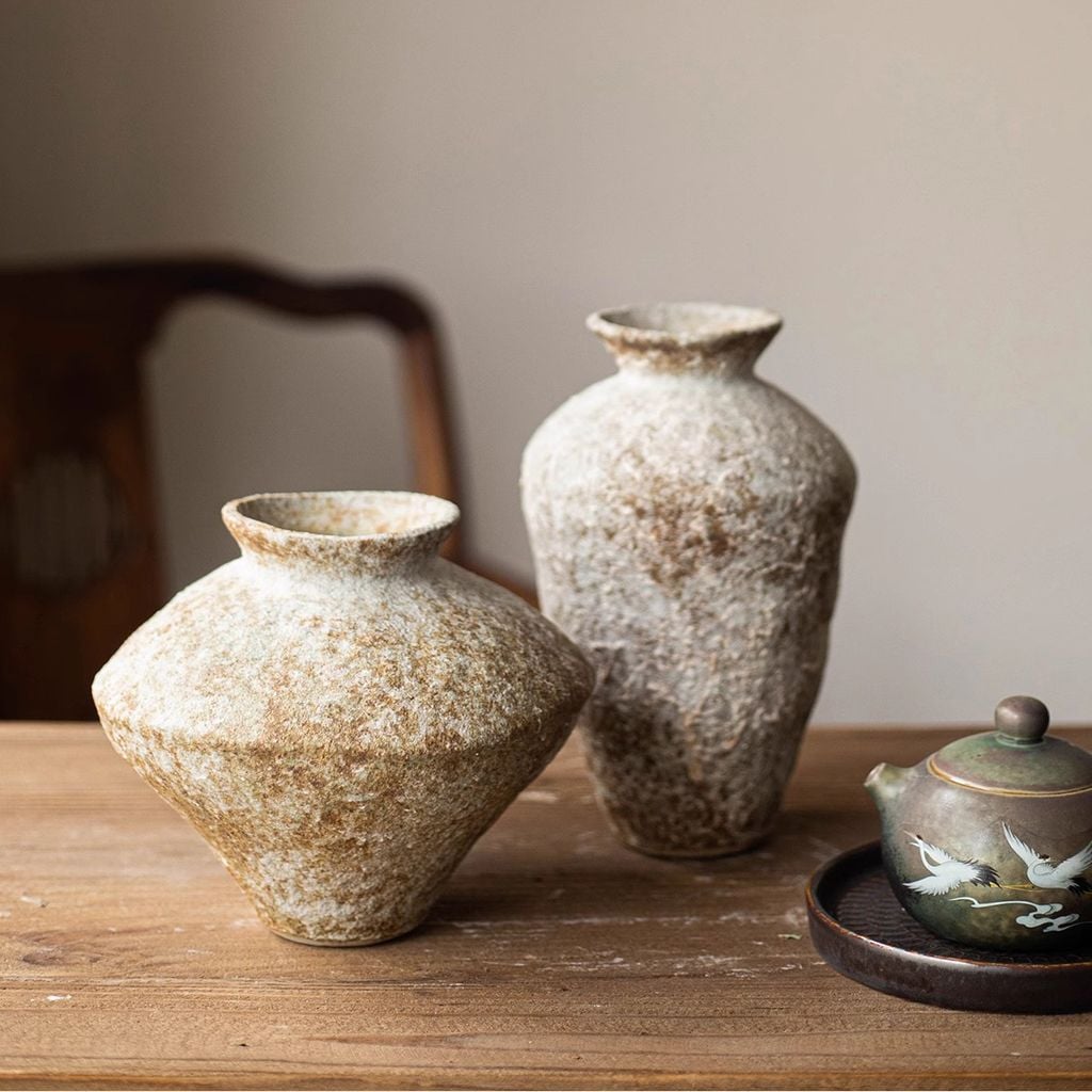 Bình Hoa Gốm Sứ Thủ Công Phong Cách Jingdezhen Wabi Sabi Trắng Xám