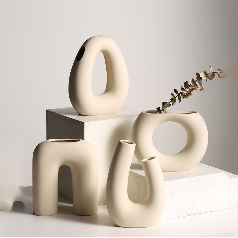 Bình Gốm Trắng Wabi Sabi Tạo Dáng Cách Điệu Decor Hoa Khô