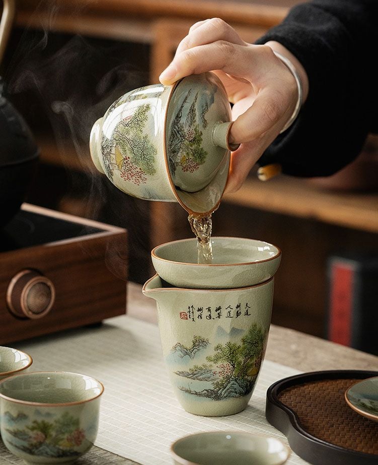 Bộ Ấm Trà Gốm Mộc Hình Phong Cảnh Kungfu Set 11 Món