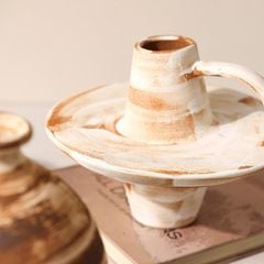 Bình Hoa Gốm Thô Phong Cách Wabi Sabi Nâu Sọc Trắng