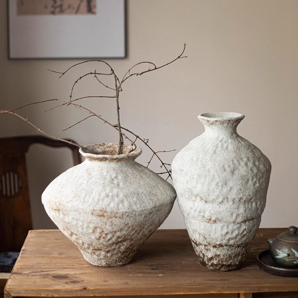 Bình Hoa Gốm Sứ Thủ Công Phong Cách Jingdezhen Wabi Sabi Trắng Xám