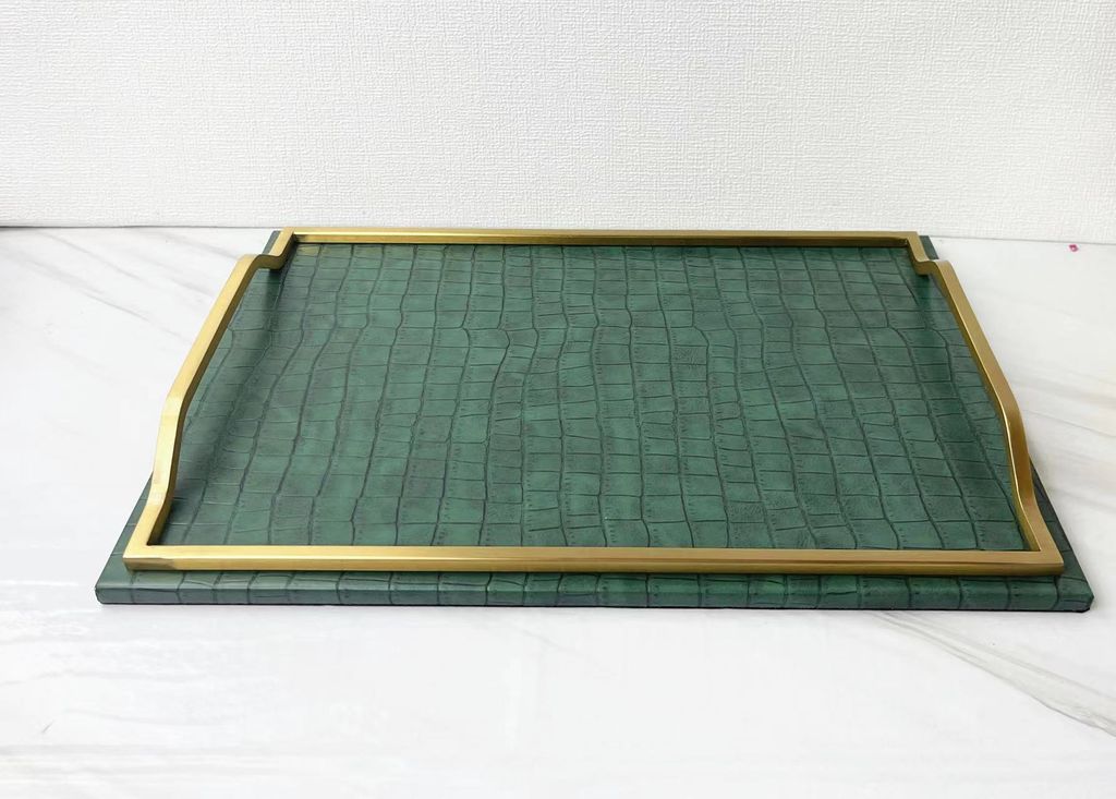 Khay Decor Bện Da Chữ Nhật Phối Khung Kim Loại Sang Trọng