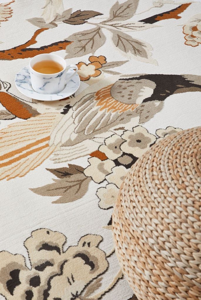 Thảm Tròn Trải Sàn Hình Họa Tiết Chim Và Hoa Nâu Phong Cách Vintage