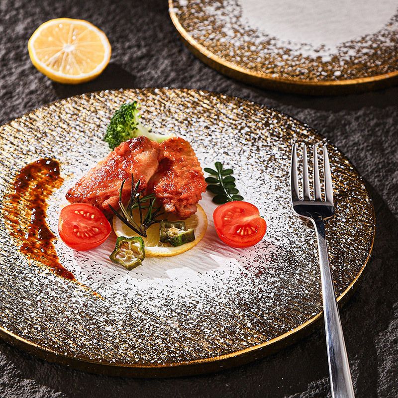 Dĩa Ăn Đá Gốm Màu Vàng Loang Hình Tròn Vuông