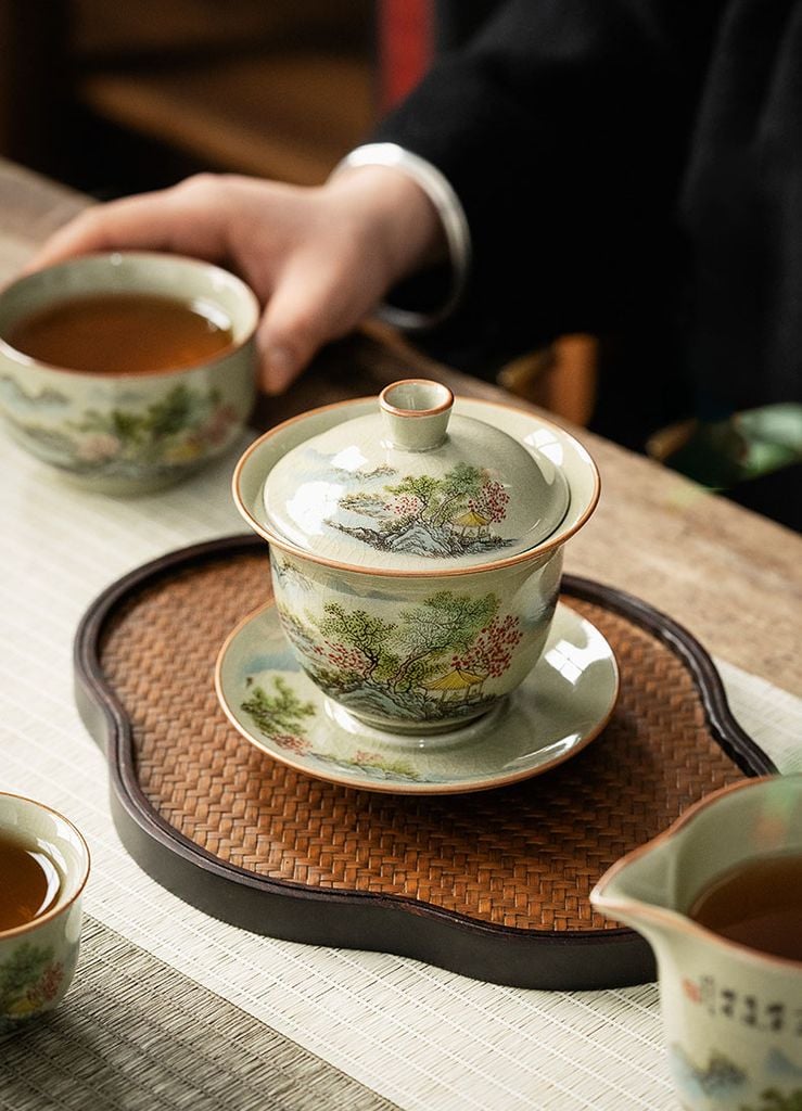 Bộ Ấm Trà Gốm Mộc Hình Phong Cảnh Kungfu Set 11 Món