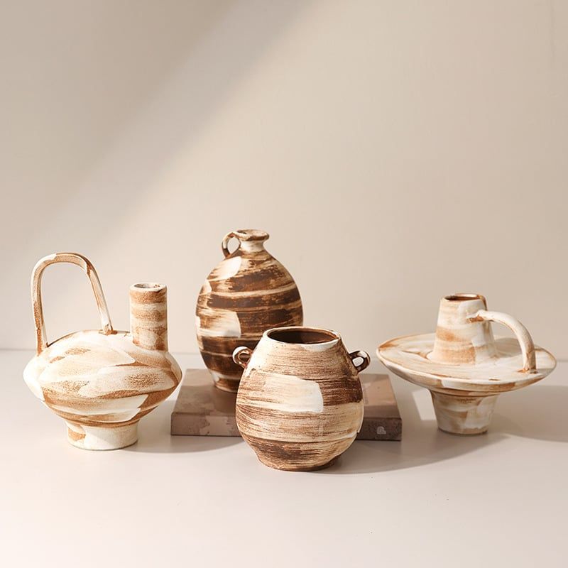 Bình Hoa Gốm Thô Phong Cách Wabi Sabi Nâu Sọc Trắng