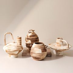 Bình Hoa Gốm Thô Phong Cách Wabi Sabi Nâu Sọc Trắng