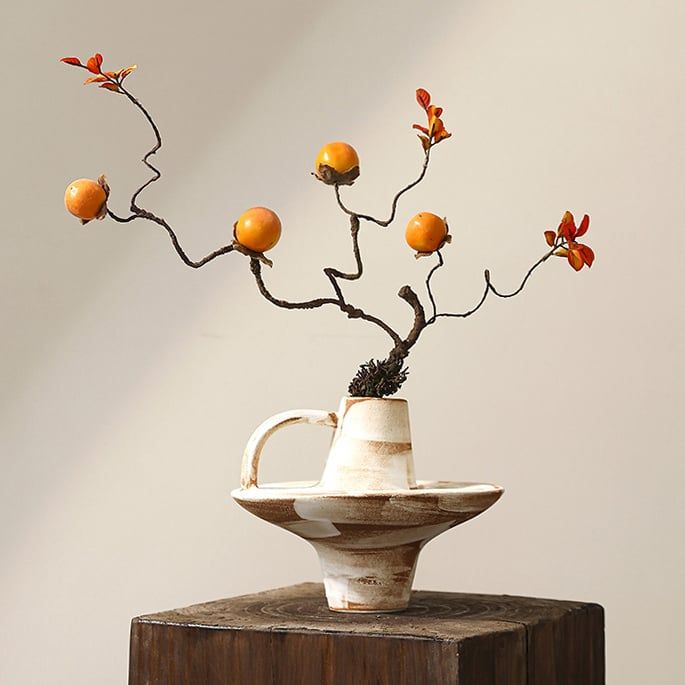 Bình Hoa Gốm Thô Phong Cách Wabi Sabi Nâu Sọc Trắng