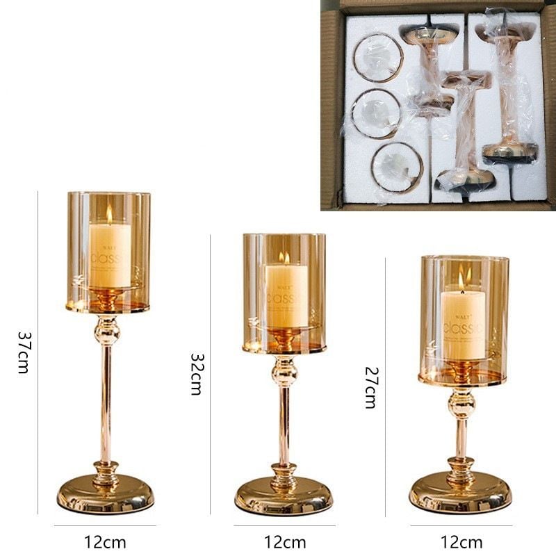 Bộ 3 Chân Nến Kèm Nến Trụ Lớn Màu Vàng Decor Bàn Ăn