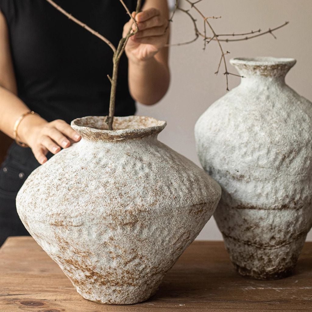 Bình Hoa Gốm Sứ Thủ Công Phong Cách Jingdezhen Wabi Sabi Trắng Xám