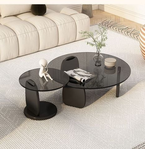Set 2 Bàn Trà Tròn Chân Gỗ Mặt Kính Cường Lực